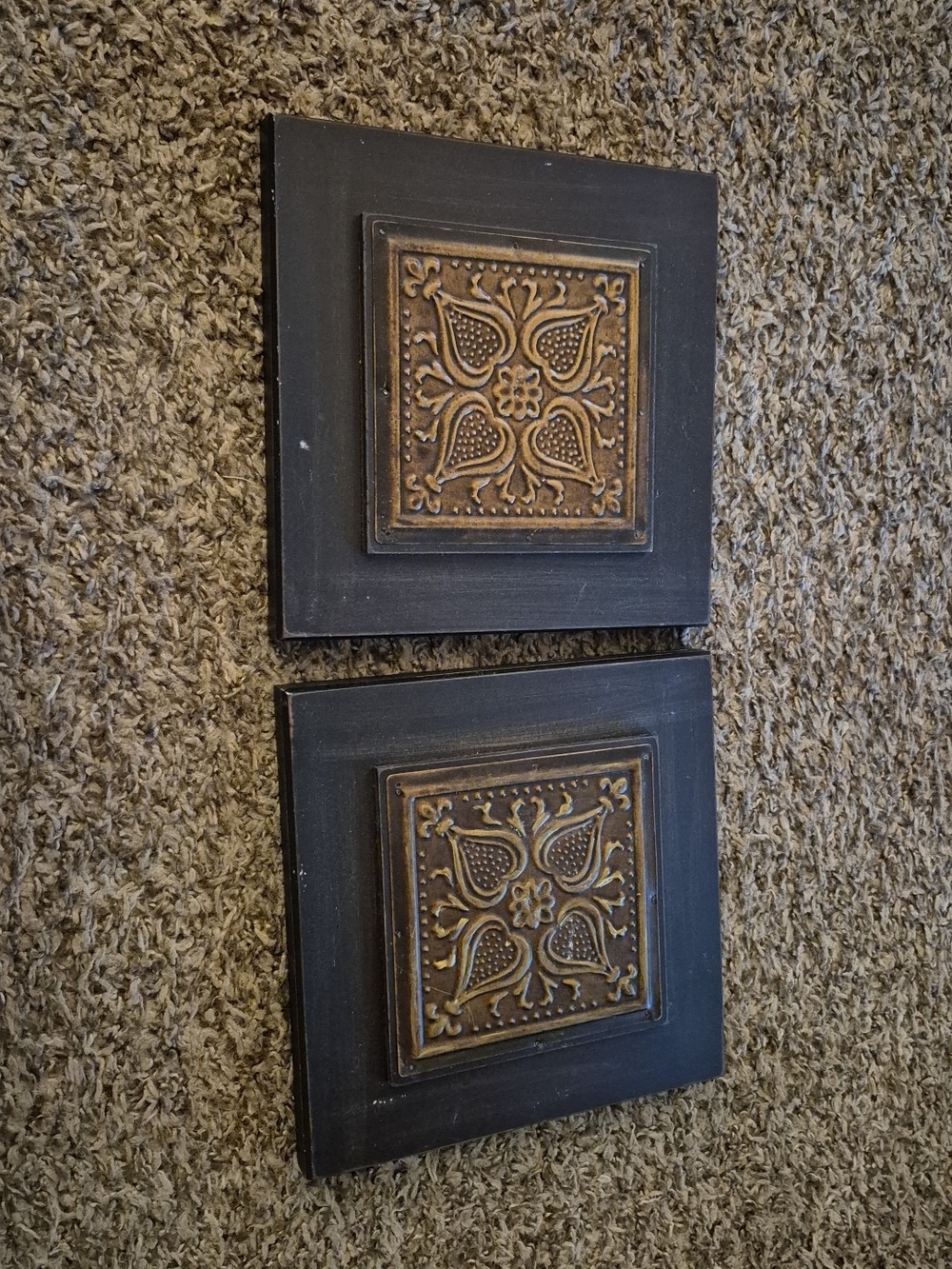 Set of 2 Decorative Wall Plaques with Ornate Bronze Tiles